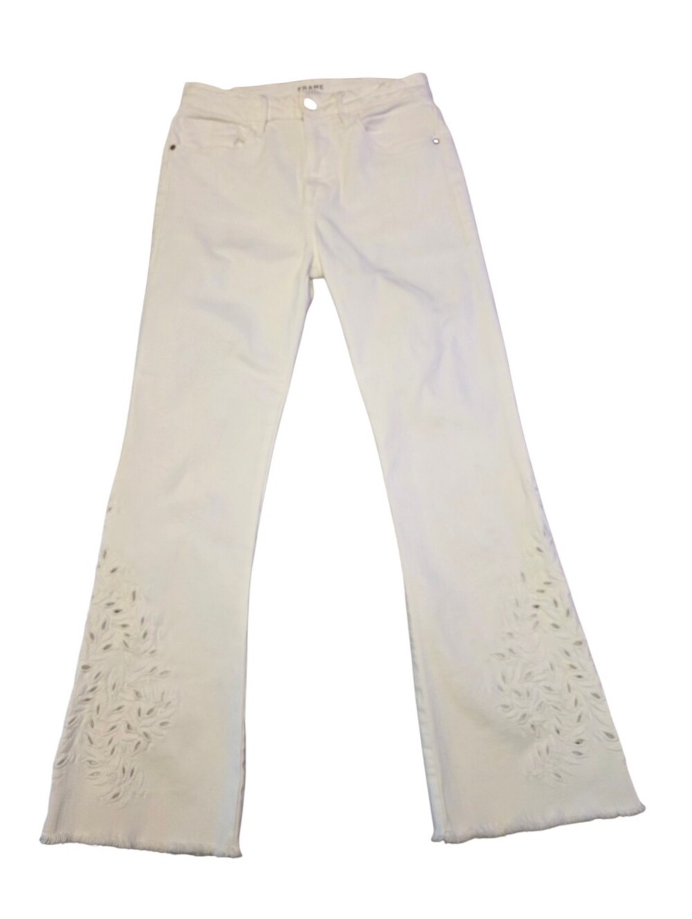 Frame Denim White Flare Le Crop Jeans with Cutout Eyelet Embroidery Size 26